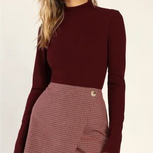 Burgundy Ribbed Knit Cross Back Long Sleeve Bodysuit